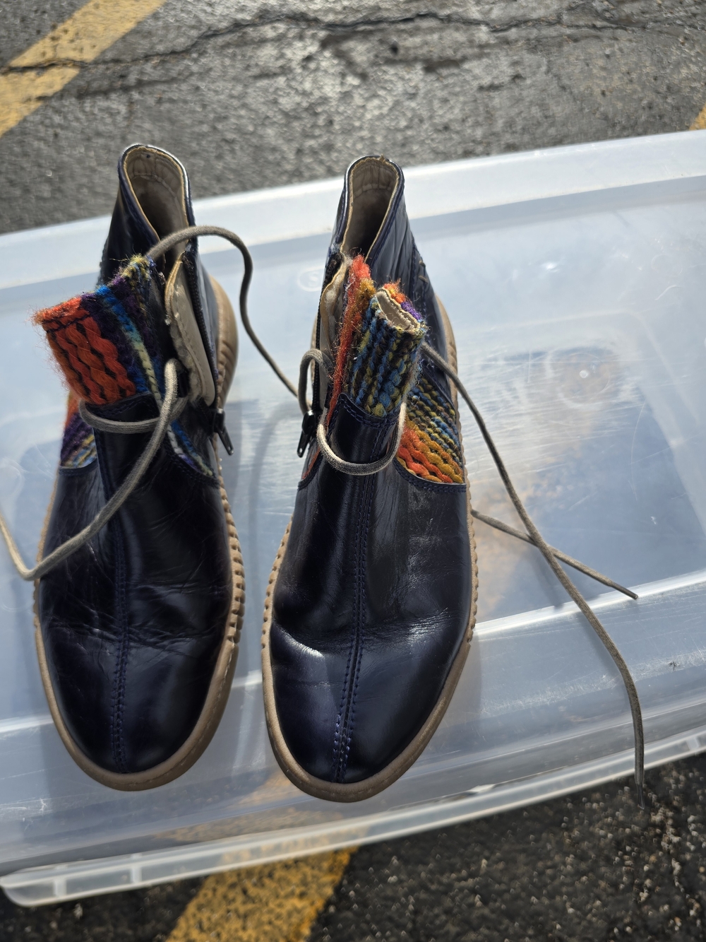 Josef Seibel Navy Leather Ankle Boots with Multicolor Knit Insets